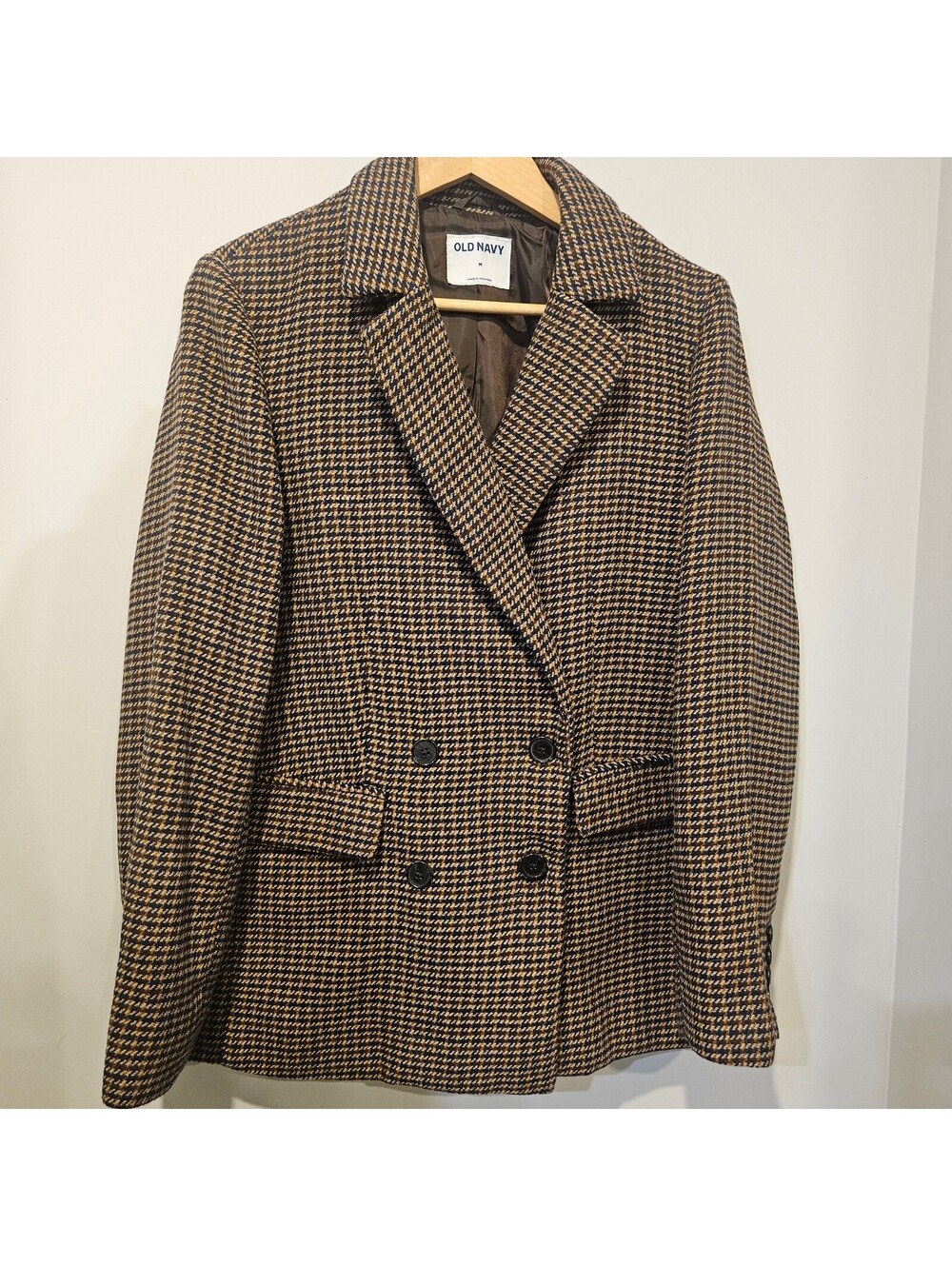 Vintage Old Navy Brown Houndstooth Double Breasted Blazer Jacket Classic Preppy